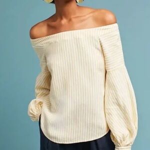 Anthro Maeve Yellow/White Stripe Off-Shoulder Pheasant Top